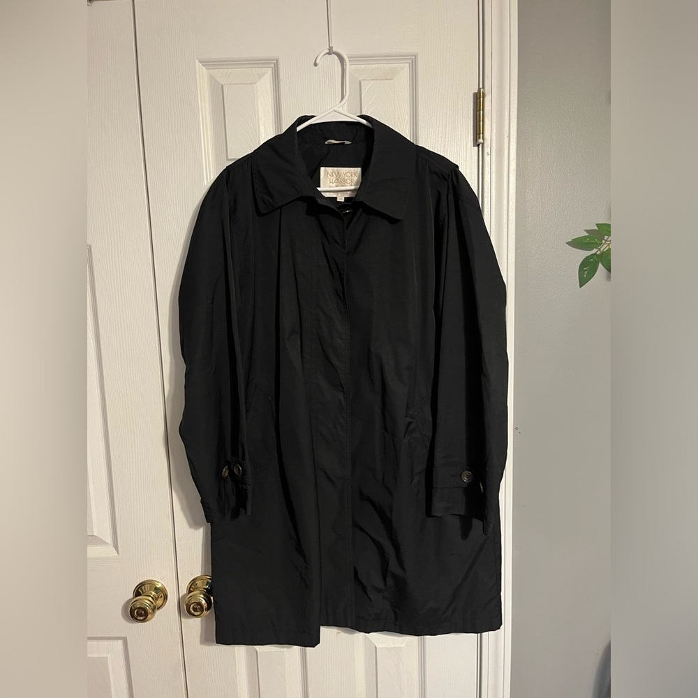 New York Harbor black button front classic trench rain coat, 10